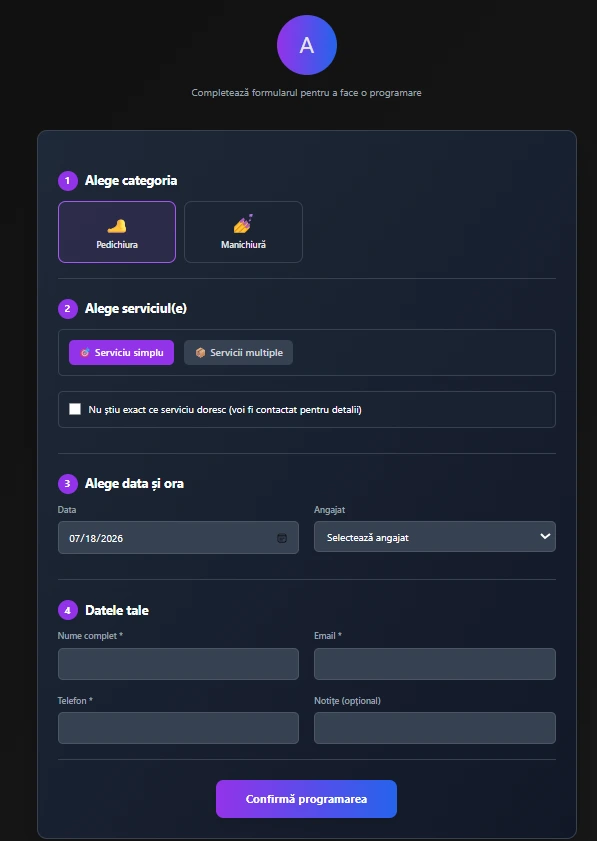 Fluxul de programare online FLUXYO pentru alegerea serviciului, angajatului și datei